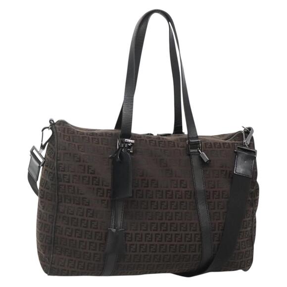 FENDI Zucchino Canvas Boston Bag Brown Black - Picture 1 of 14